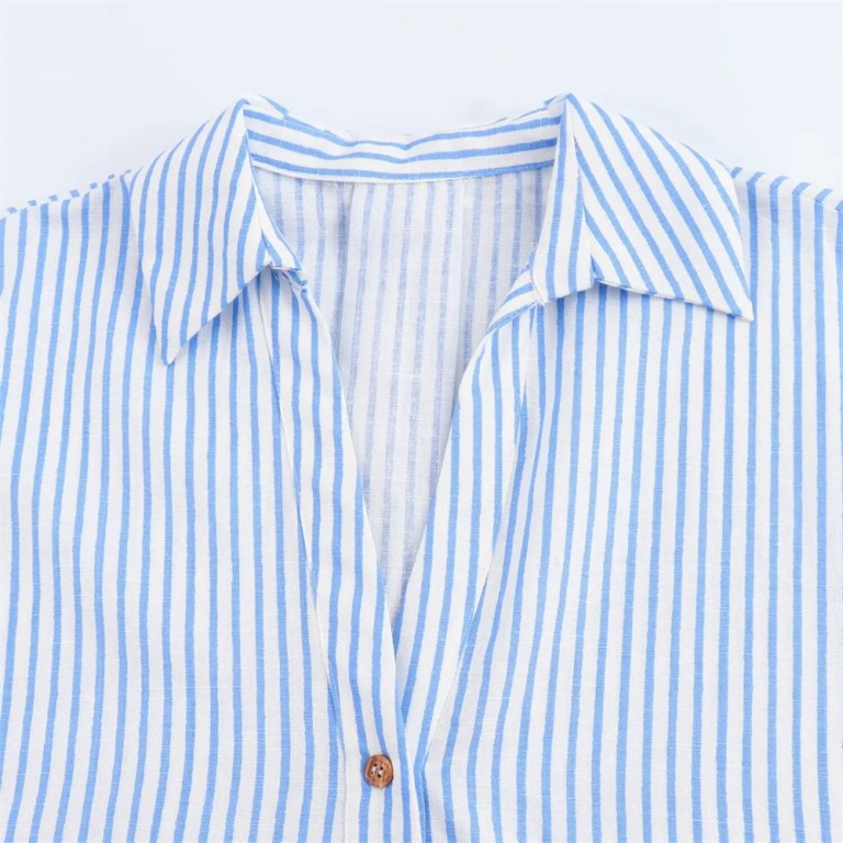 zach women's casual collar striped linen blended asymmetric shirt with wide sleeves Zach Women's Casual Collar Striped Linen Blended Asymmetric Shirt with Wide Sleeves 3