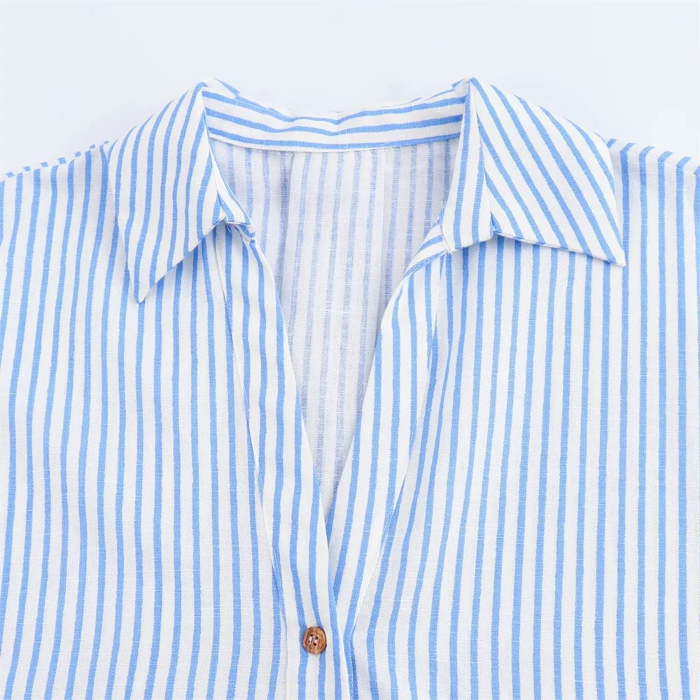 Zach Women's Casual Collar Striped Linen Blended Asymmetric Shirt with Wide Sleeves 3