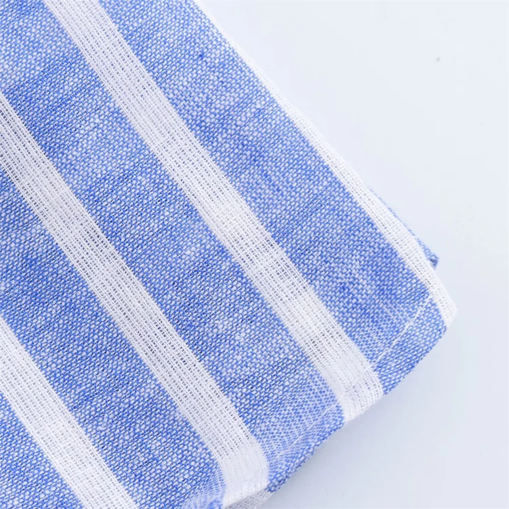 Summer Women's French light linen blend striped shirt dress 3