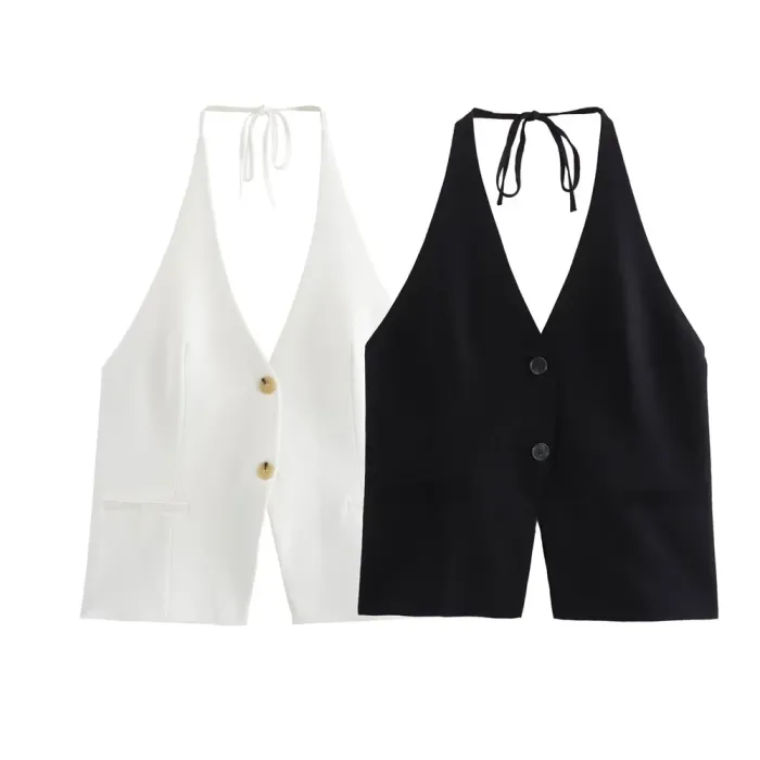 Zach Women's V-Neck Sleeveless Top with Bow Decoration & Halter Collar 1