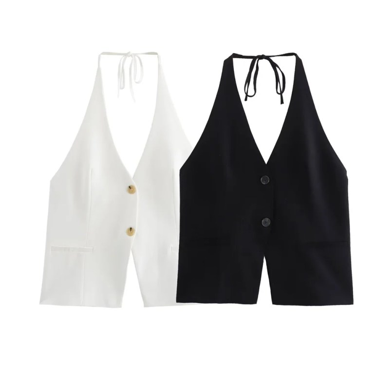 Zach Women's V-Neck Sleeveless Top with Bow Decoration & Halter Collar 1