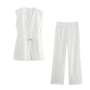 Zach Women's Split Design Tank Top & Waist-Belted Flared Pants Set 4