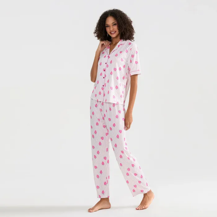 Women's 2 Piece Strawberry Striped Loungewear Pjs Set 2