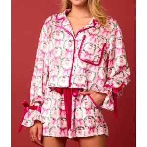 Women's Christmas Pyjama Set Santa/Tree Button-up Long Sleeve Top + Shorts 2-Piece Set 1