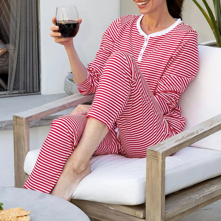 women's 2 piece striped pyjama sets long sleeve button round neck t shirt +drawstring waist pants Women's 2 Piece Striped Pyjama Sets Long Sleeve Button Round Neck T-shirt +Drawstring Waist Pants 3
