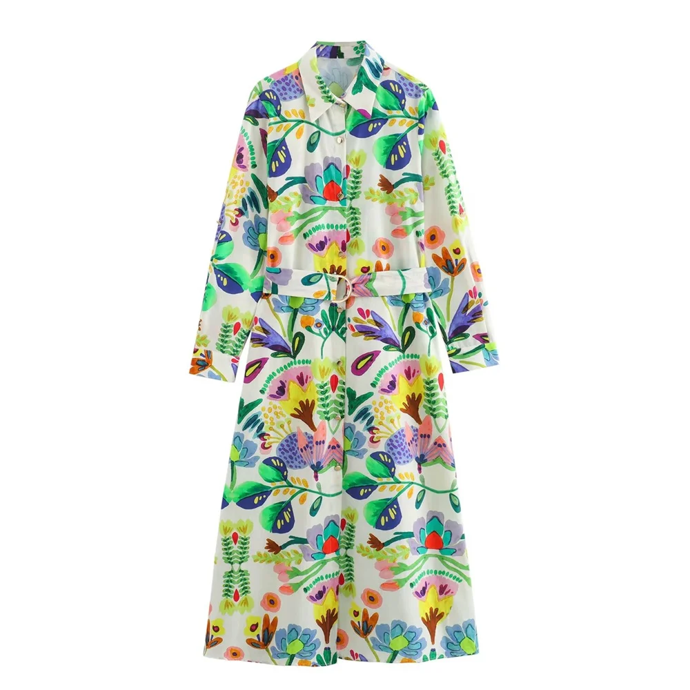 Women's Long Retro Floral Prin Shirt Dress