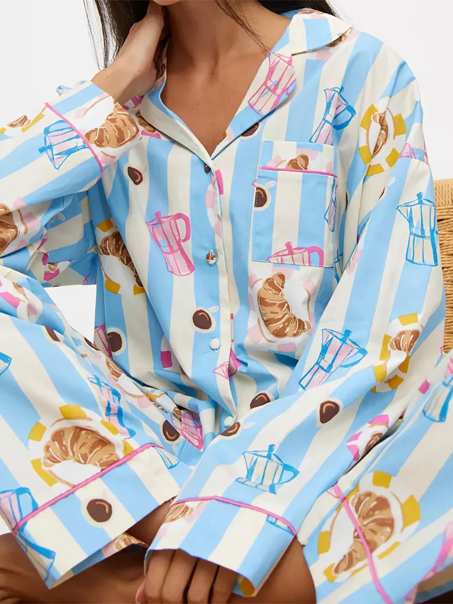 Women's 2 Piece Aesthetic Pattern Print Loungewear Set Coffee