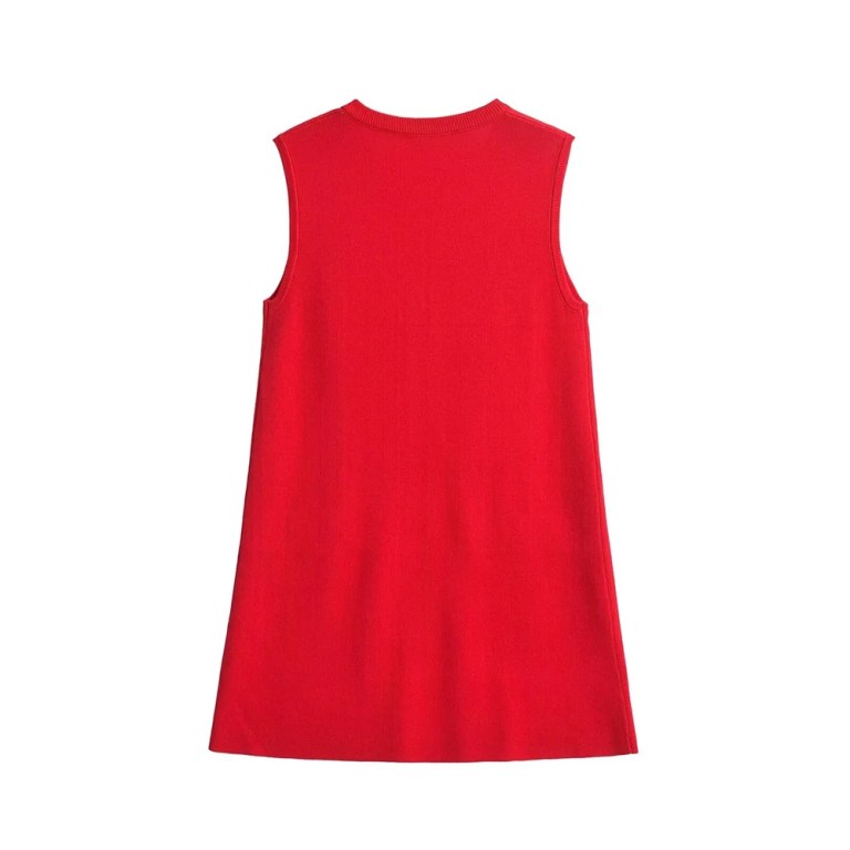 Zach Women\'s Round Neck Sleeveless Button Decoration Plain Knitted Short Skirt Mini Dress 2