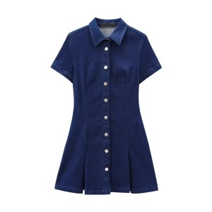 Zach Women's Slim Fit Lapel Short Sleeve Pleated A-Line Denim Mini Dress