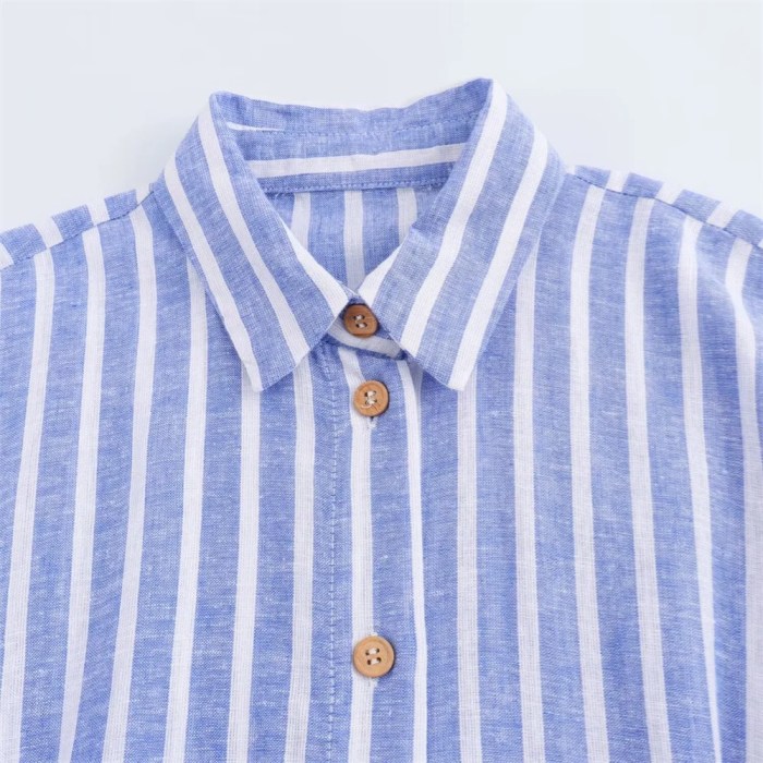 summer women's french light linen blend striped shirt dress Summer Women's French light linen blend striped shirt dress 6