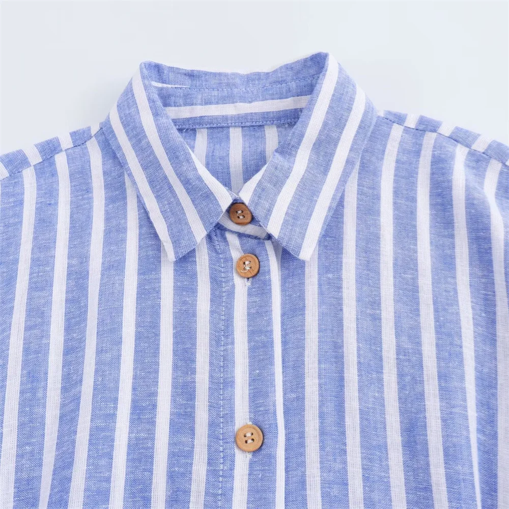 Summer Women's French light linen blend striped shirt dress 6