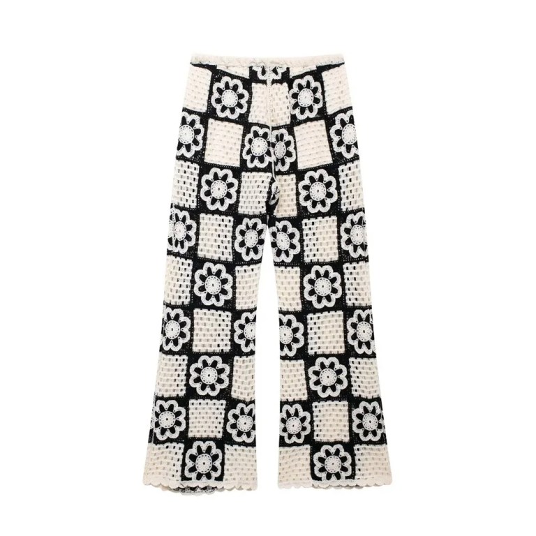 zach women's round neck sleeveless hook flower knitted tank top with high waist straight pants fashion set Zach Women's Round Neck Sleeveless Hook Flower Knitted Tank Top with High Waist Straight Pants Fashion Set 5