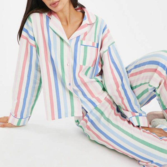 women's pyjamas set stripe print button down long sleeve loungewear Women's Pyjamas Set Stripe Print Button-Down Long Sleeve Loungewear