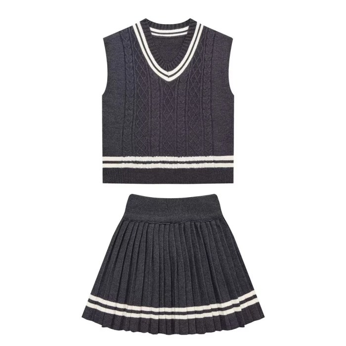 Zach Women's V-Neck Contrast Color Knitted Vest & High-Waist Pleated Skirt Set 4