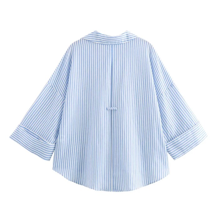 Zach Women's Casual Collar Striped Linen Blended Asymmetric Shirt with Wide Sleeves 2