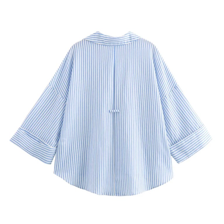 zach women's casual collar striped linen blended asymmetric shirt with wide sleeves Zach Women's Casual Collar Striped Linen Blended Asymmetric Shirt with Wide Sleeves 2