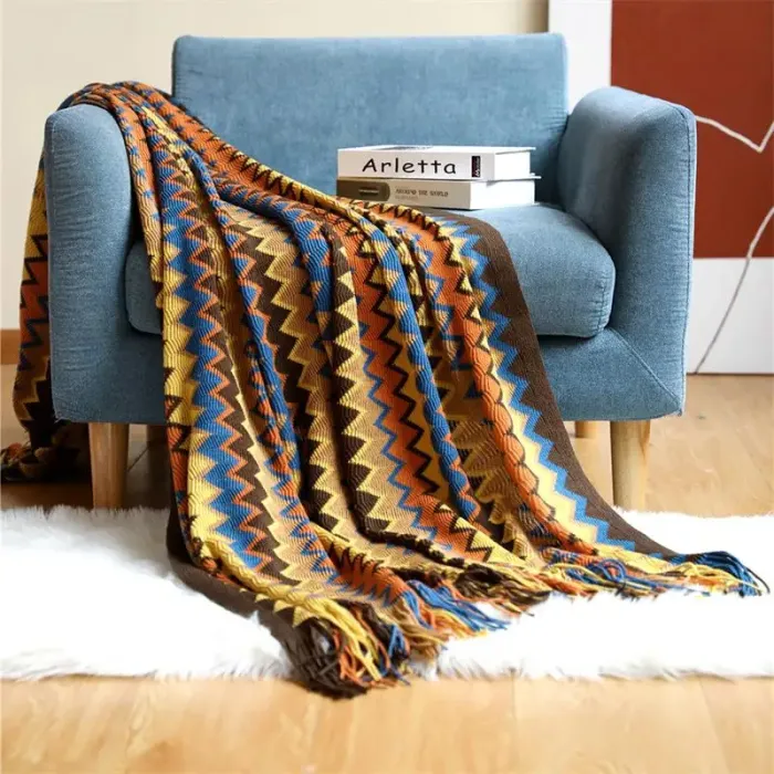 Bohemian Hand Knitted Blanket Zig Zag with Tassel 5