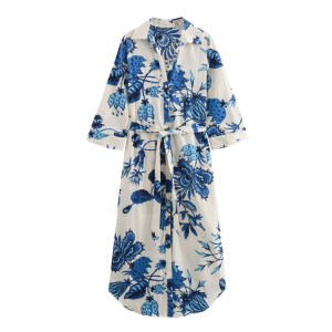 Women's Flip Collar, Buckle Tie Belt, Blue Floral Shirt Dress