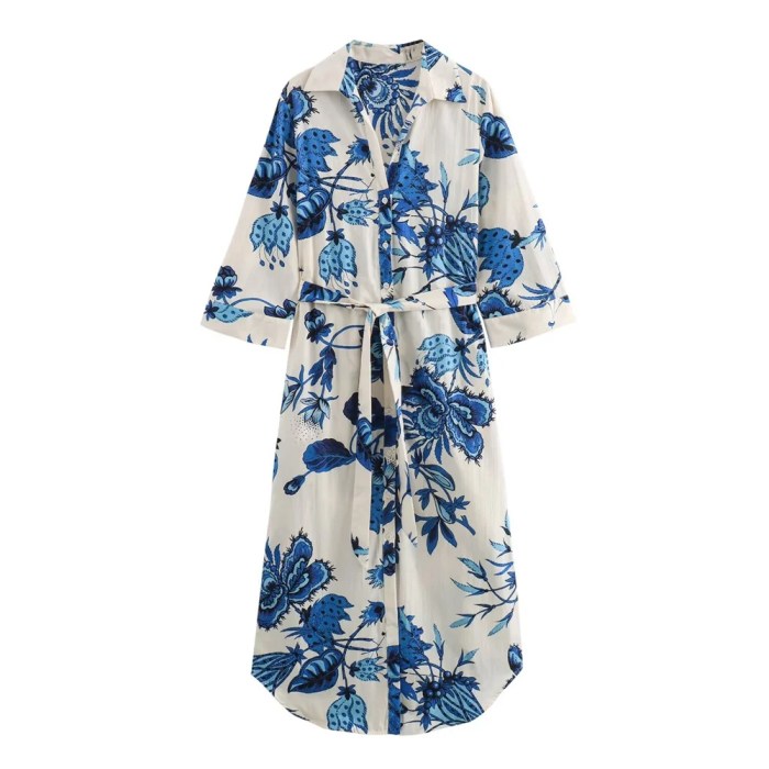women's flip collar, buckle tie belt, blue floral shirt dress Women's Flip Collar, Buckle Tie Belt, Blue Floral Shirt Dress