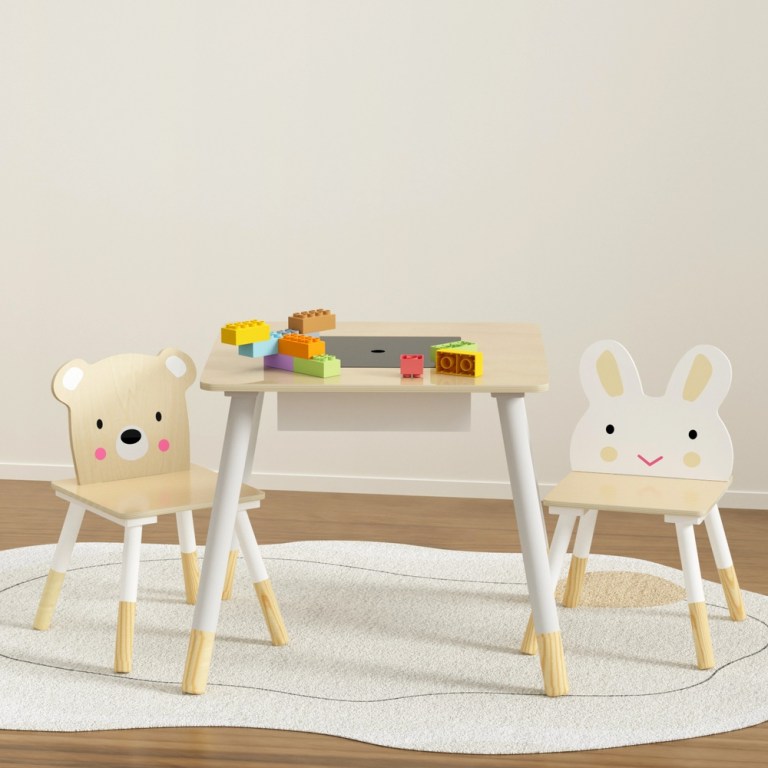 keezi 3pcs kids table and chairs set activity desk chalkboard toy hidden storage