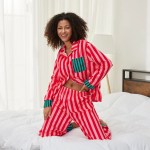 women’s striped christmas pyjama set lapel neck button up top & long pants