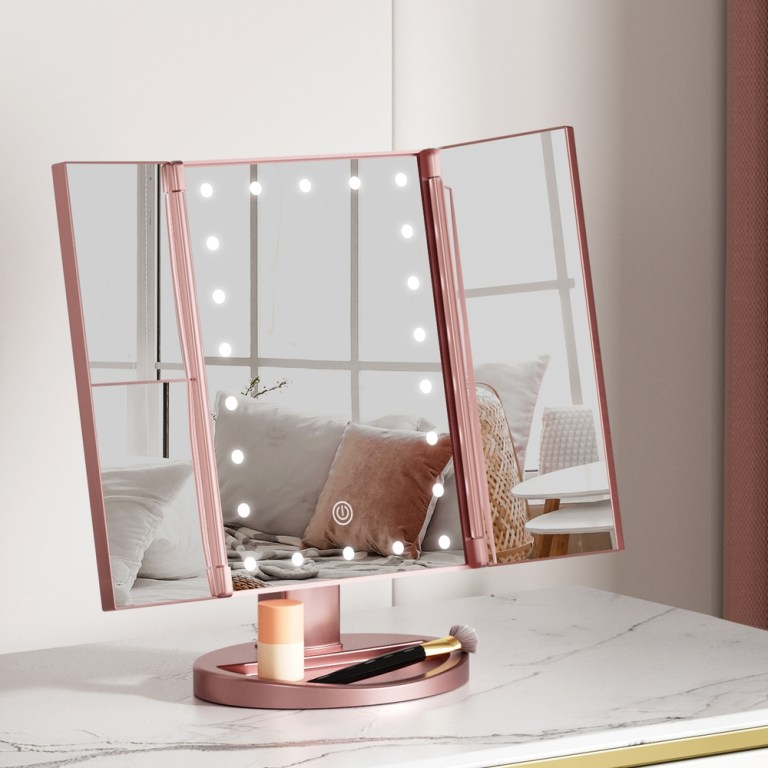 embellir tri fold makeup mirror 1x2x3x magnifying with led light travel portable pink embellir tri fold makeup mirror 1x2x3x magnifying with led light travel portable pink
