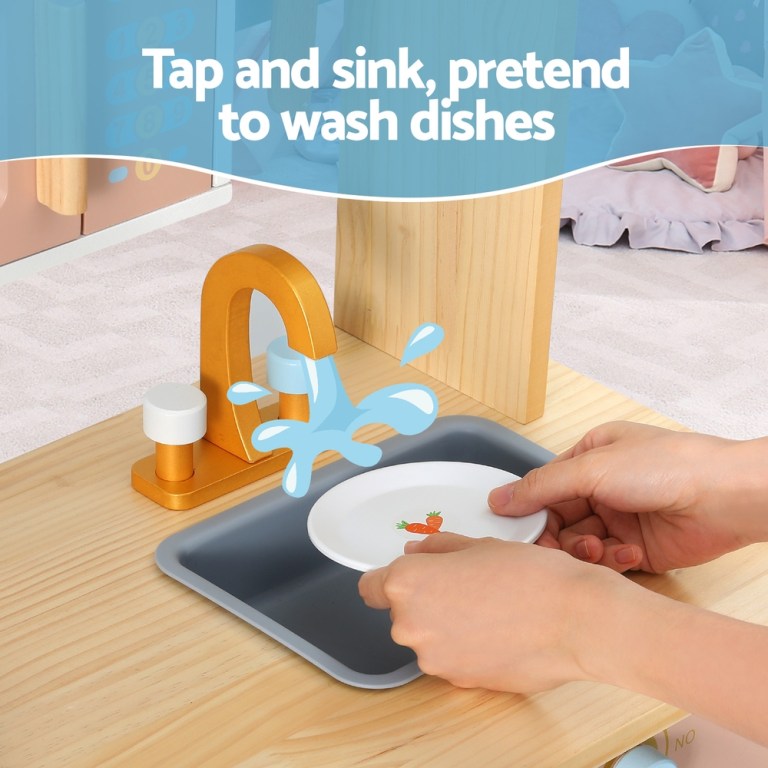 keezi kids wooden pretend kitchen play sets cooking toys pot pan bowls oven dishwasher 80cm blue keezi kids wooden pretend kitchen play sets cooking toys pot pan bowls oven dishwasher 80cm blue