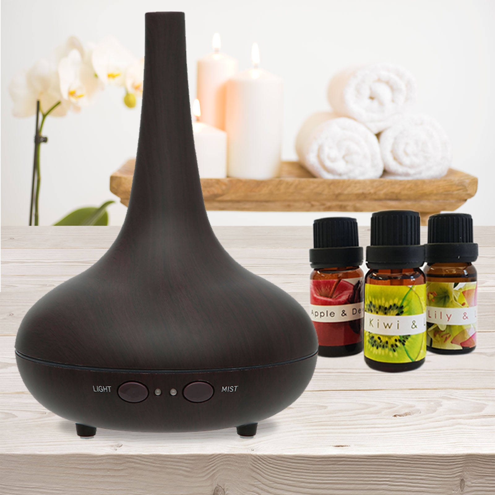 essential oil diffuser ultrasonic humidifier aromatherapy led light 200ml 3 oils dark wood grain