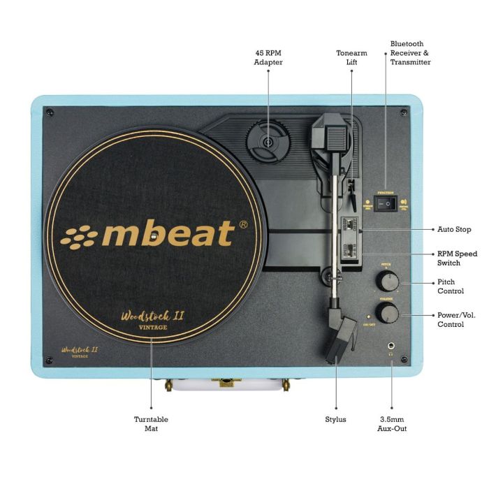 mbeat woodstock ii sky blue retro bluetooth (tx/rx) turntable