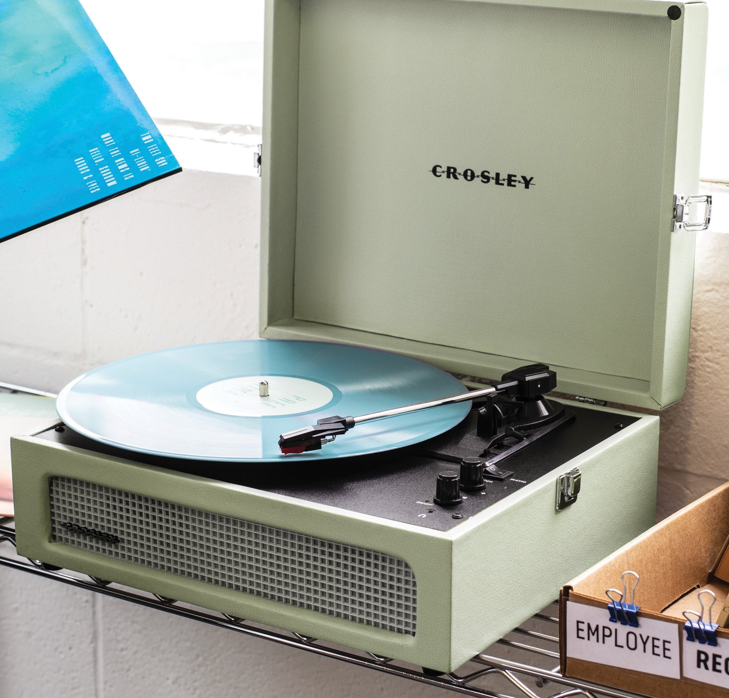 crosley voyager sage bluetooth portable turntable & record storage crate