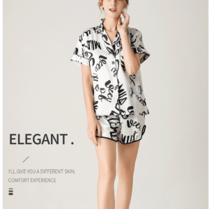 woman sleepwear home wear short sleeve sweet girl white text casual pajamas (m size)