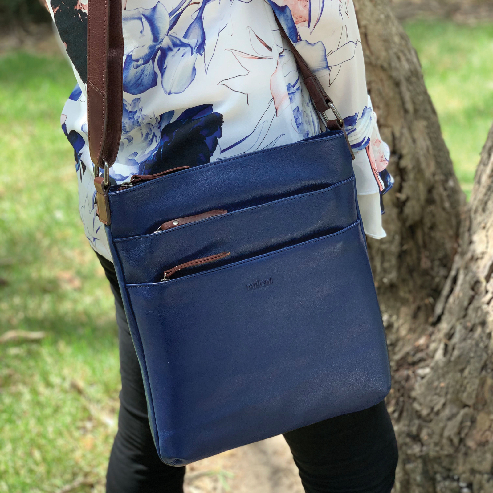 milleni womens italian leather bag soft nappa leather cross body travel indigo/chestnut