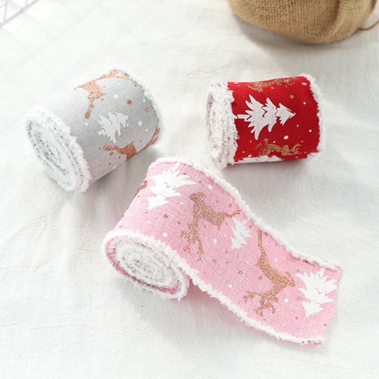 christmas themed decorative wired ribbon burlap– reindeer and tree print rolled fabric set ,diameter 6.8 cm, length 2 cm (two set, 6 pieces in total)
