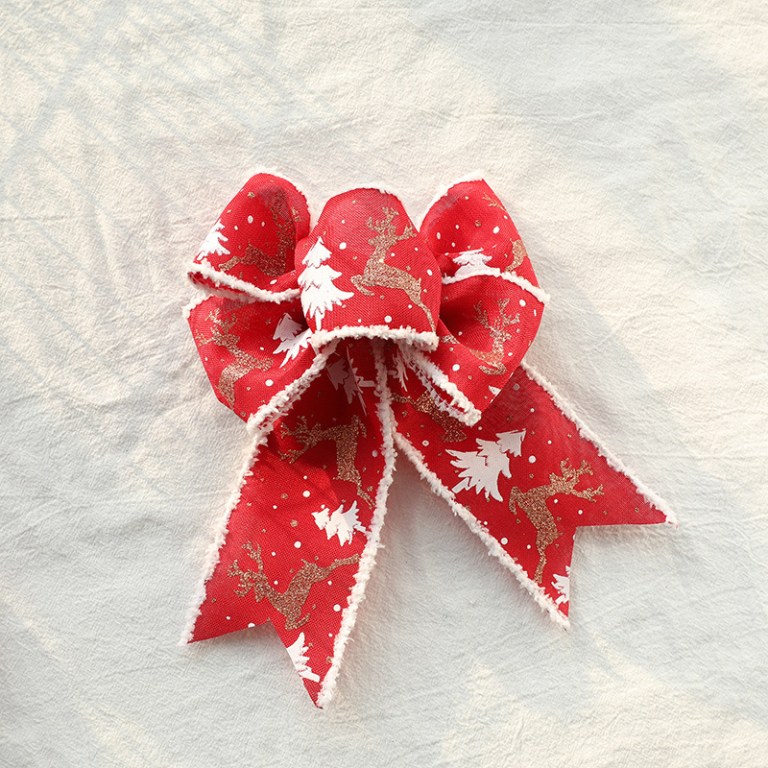 christmas themed decorative wired ribbon burlap– reindeer and tree print rolled fabric set ,diameter 6.8 cm, length 2 cm (two set, 6 pieces in total)