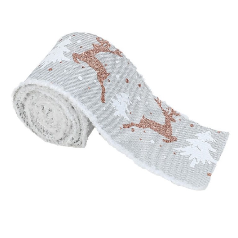 christmas themed decorative wired ribbon burlap– reindeer and tree print rolled fabric set ,diameter 6.8 cm, length 2 cm (two set, 6 pieces in total)