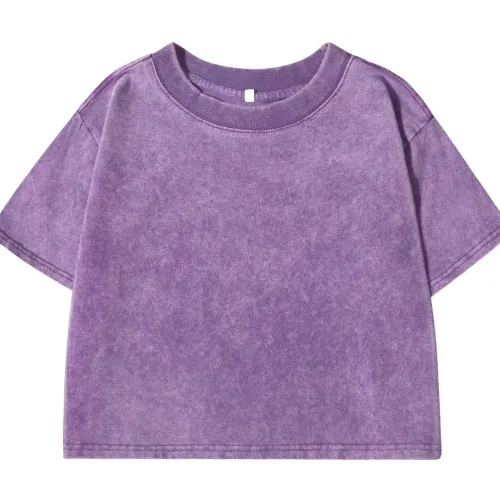 women's 100% cotton washed cropped round neck t shirt Women's 100% Cotton Washed Cropped Round Neck T Shirt