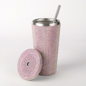 diamond inlaid insulated 304 stainless steel cup with straw double walled, rhinestone coffee mug, gift cup for beverages