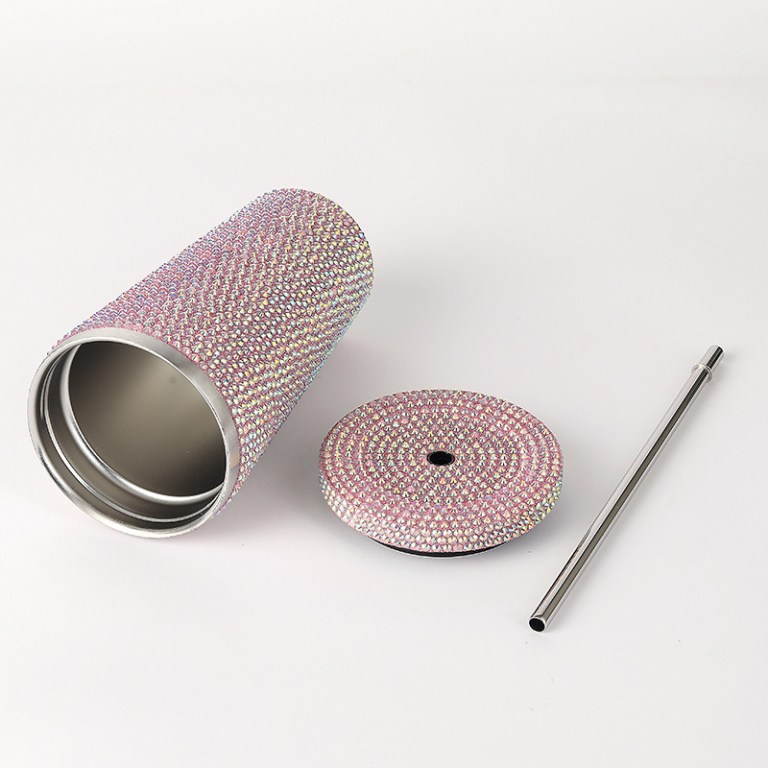 pink diamond inlaid insulated 304 stainless steel cup with straw double walled, rhinestone coffee mug, gift cup for beverages