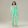 Satin Serenity: Wave/Bow Print V-Neck Pyjama Set with Button-Up Top & Long Pants 2