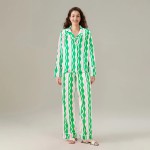 satin serenity: wave/bow print v neck pyjama set with button up top & long pants Satin Serenity: Wave/Bow Print V-Neck Pyjama Set with Button-Up Top & Long Pants 2