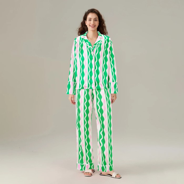 Satin Serenity: Wave/Bow Print V-Neck Pyjama Set with Button-Up Top & Long Pants 2