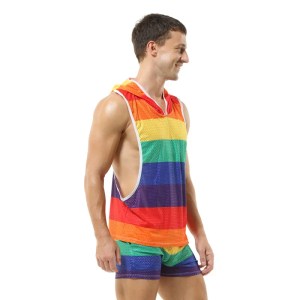 sydney mardi gras men's gym clothing – rainbow tank top & hooded mesh vest set, breathable & loose fit Sydney Mardi Gras Men's Gym Clothing – Rainbow Tank Top & Hooded Mesh Vest Set, Breathable & Loose Fit 4