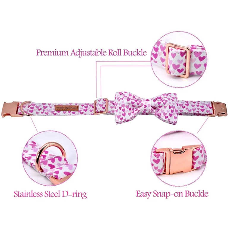 Paws of Love: Handmade Cotton Valentine Heart Dog Collar with Bow Tie 3