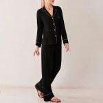 cozy chic: women's black pyjama set with button up shirt & drawstring pants Cozy Chic: Women\'s Black Pyjama Set with Button-Up Shirt & Drawstring Pants 4