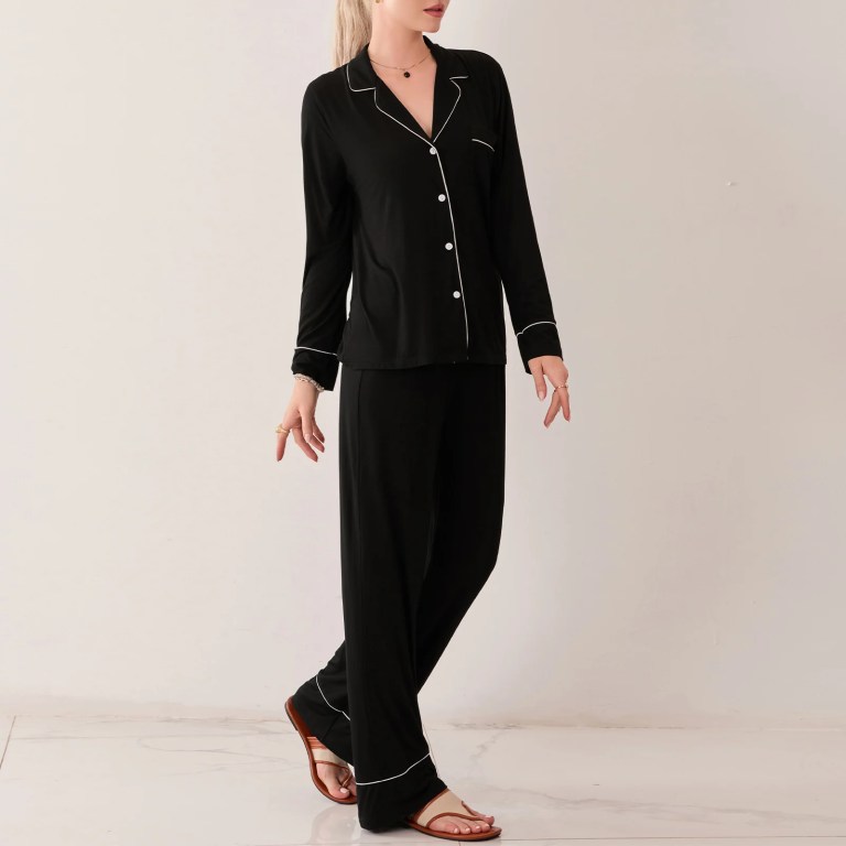cozy chic: women's black pyjama set with button up shirt & drawstring pants Cozy Chic: Women\'s Black Pyjama Set with Button-Up Shirt & Drawstring Pants 4