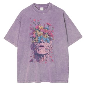 Vintage Blossom: Heavyweight Cotton T-Shirt with Van Gogh-Inspired Floral Design 1