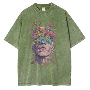 Vintage Blossom: Heavyweight Cotton T-Shirt with Van Gogh-Inspired Floral Design 4