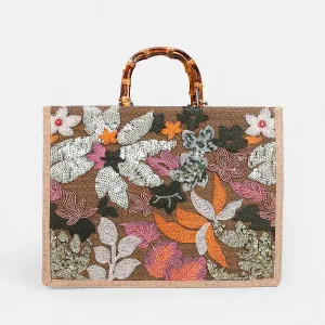 vintage bamboo handle handbag – sequined embroidery tote bag for women, large linen beach purse Vintage Bamboo Handle Handbag – Sequined Embroidery Tote Bag for Women, Large Linen Beach Purse 4
