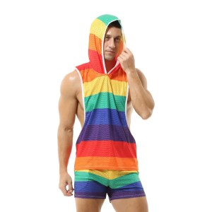 sydney mardi gras men's gym clothing – rainbow tank top & hooded mesh vest set, breathable & loose fit Sydney Mardi Gras Men's Gym Clothing – Rainbow Tank Top & Hooded Mesh Vest Set, Breathable & Loose Fit 3
