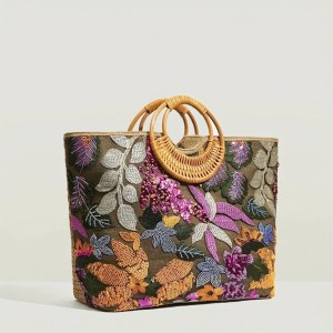 flower sequins embroidery tote bag – round rattan handle summer beach bag for women Flower Sequins Embroidery Tote Bag – Round Rattan Handle Summer Beach Bag for Women 2